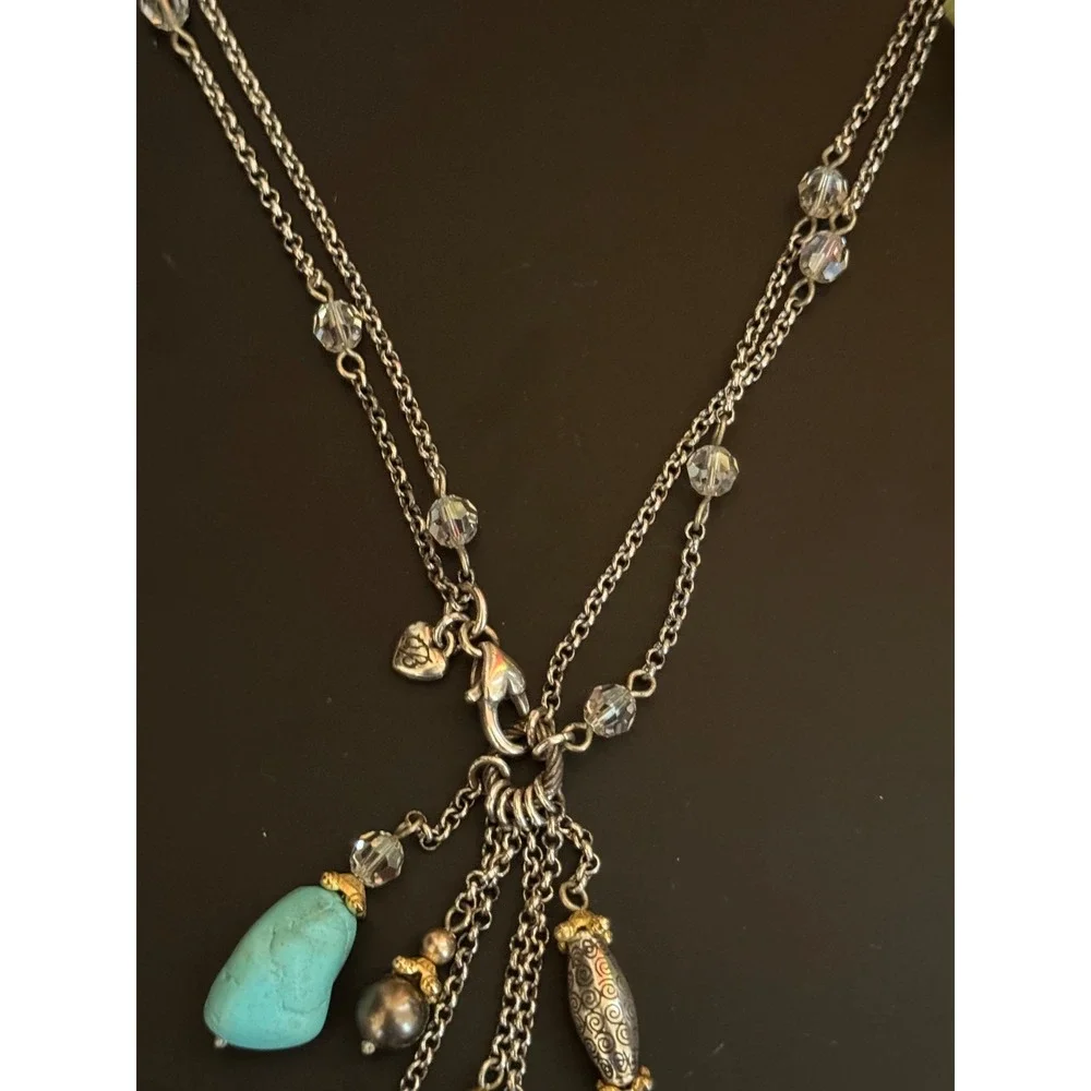 Brighton Turquoise Pearl Silver Gold Tone Tassel Necklace 17.5